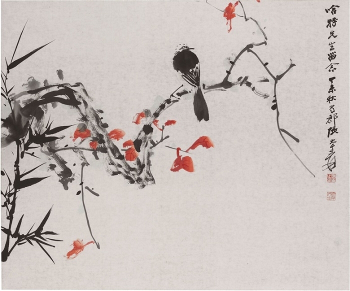 La peinture chinoise de ZHANG Daqian de 5 pieds “Le petit oiseau dans les feuilles rouges” est vendue au prix de 197 mille de dollars