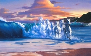 Peinture à l'huile contemporaine - Les chevaux hors de la vague