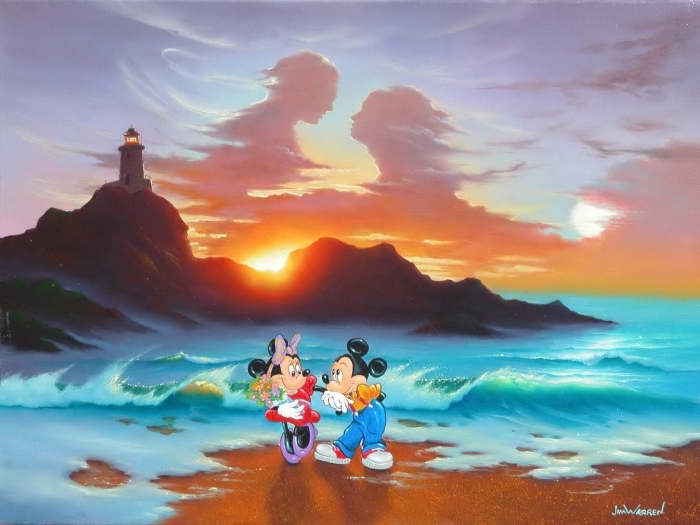 Jim Warren Peinture à l'huile - Disney Mickey et Minnie Journée romantique
