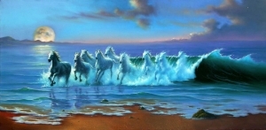 Peinture à l'huile contemporaine - cheval de vagues