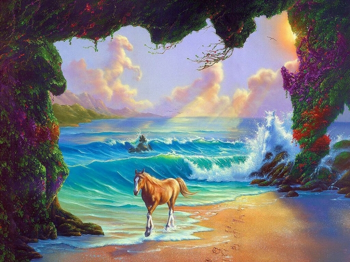 Jim Warren Peinture à l'huile - cheval au bord des vagues