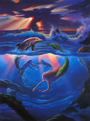 Peinture à l'huile contemporaine - sirènes et dauphins