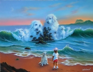 Peinture à l'huile contemporaine - chiens en mer