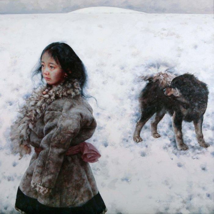 AI Xuan Peinture à l'huile - Fille et chien
