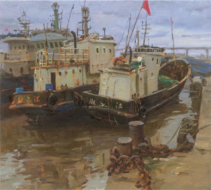 Bai Renhai Peinture à l'huile - Port de pêche de Haimen dans le district de Jiaojiang