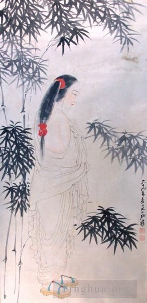 Zhang Daqian œuvre - Belle aux cheveux roux, foulard, chaussures en bois, robe blanche, bambous, 1980