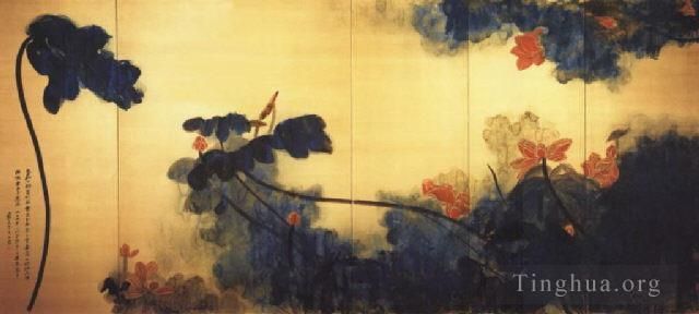 Zhang Daqian Art Chinois - Lotus pourpres sur écran doré
