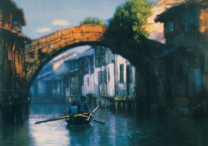 Peinture à l'huile contemporaine - Village de la rivière Bridge