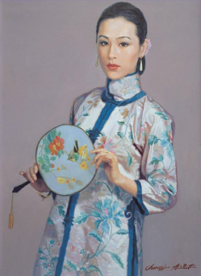 CHEN Yifei Peinture à l'huile - Fille avec ventilateur