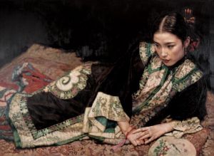 Peinture à l'huile contemporaine - Dame sur le tapis
