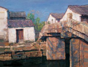 Peinture à l'huile contemporaine - Village fluvial midi