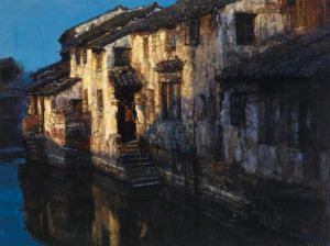 Peinture à l'huile contemporaine - Villages fluviaux