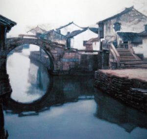 Peinture à l'huile contemporaine - Paysage de Jiangnan Watertown