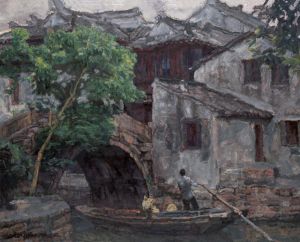 Peinture à l'huile contemporaine - Ville au bord de la rivière du sud de la Chine, 2002