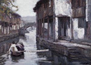 CHEN Yifei œuvre - Ville au bord d'une rivière du sud de la Chine