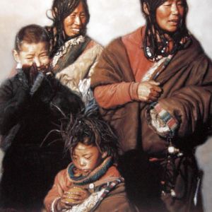 Peinture à l'huile contemporaine - Famille tibétaine (2)