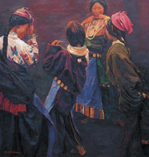 Peinture à l'huile contemporaine - Fille tibétaine 2004