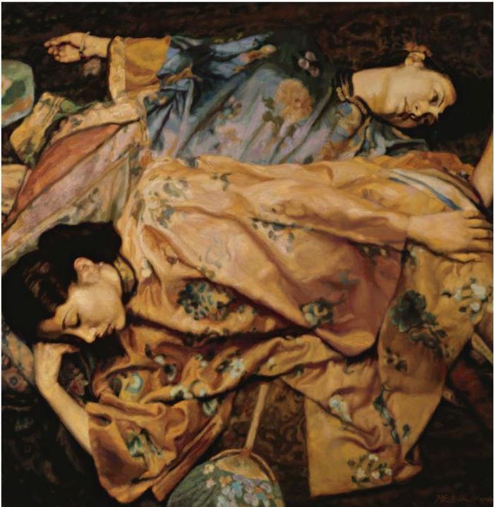 CHEN Yifei Peinture à l'huile - Deux beautés avec des fans