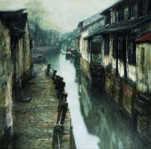 Peinture à l'huile contemporaine - Rue de l'eau dans la vieille ville