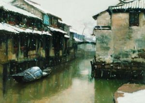 Peinture à l'huile contemporaine - Jours de neige dans les villes d'eau