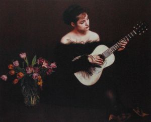 Peinture à l'huile contemporaine - Femme jouant de la guitare