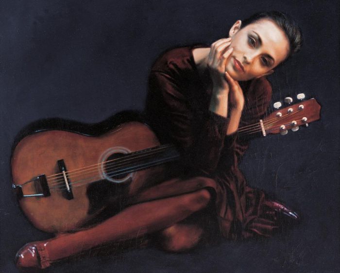 CHEN Yifei Peinture à l'huile - Femme avec guitare