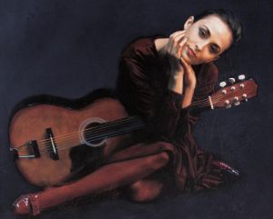 Peinture à l'huile contemporaine - Femme avec guitare
