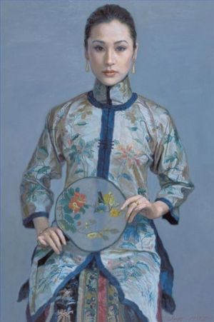 Peinture à l'huile contemporaine - Femme avec ventilateur