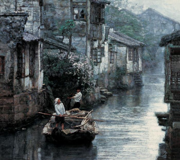 CHEN Yifei Peinture à l'huile - Pays aquatique du delta du fleuve Yangtze, 1984