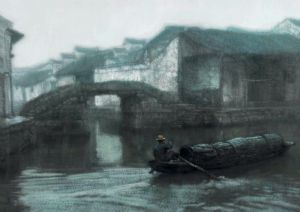 Peinture à l'huile contemporaine - La ville de Zhou à l'aube