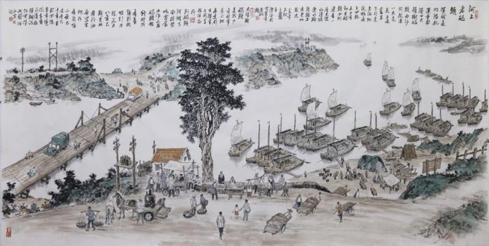Chen Dezhou Art Chinois - Un vieux port sur le fleuve