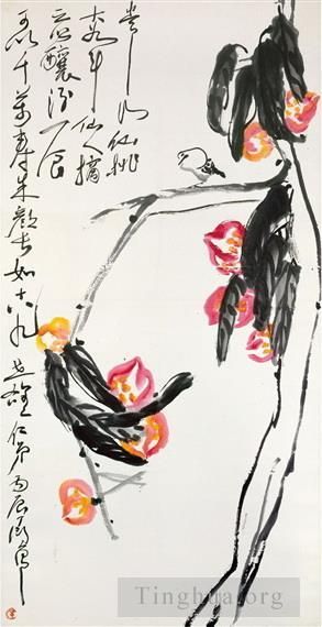 Art chinoises contemporaines - Neuf pêches et un oiseau