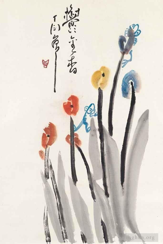 DING YanYong Art Chinois - Têtards sur tulipes