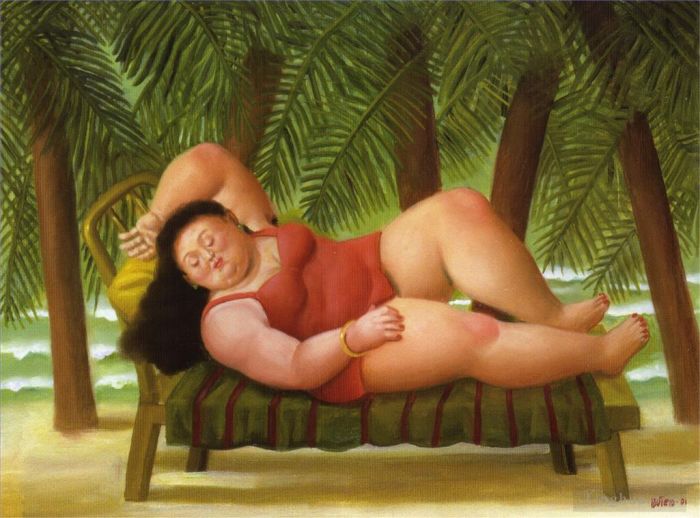 Fernando Botero Angulo Peinture à l'huile - Baigneur sur la plage