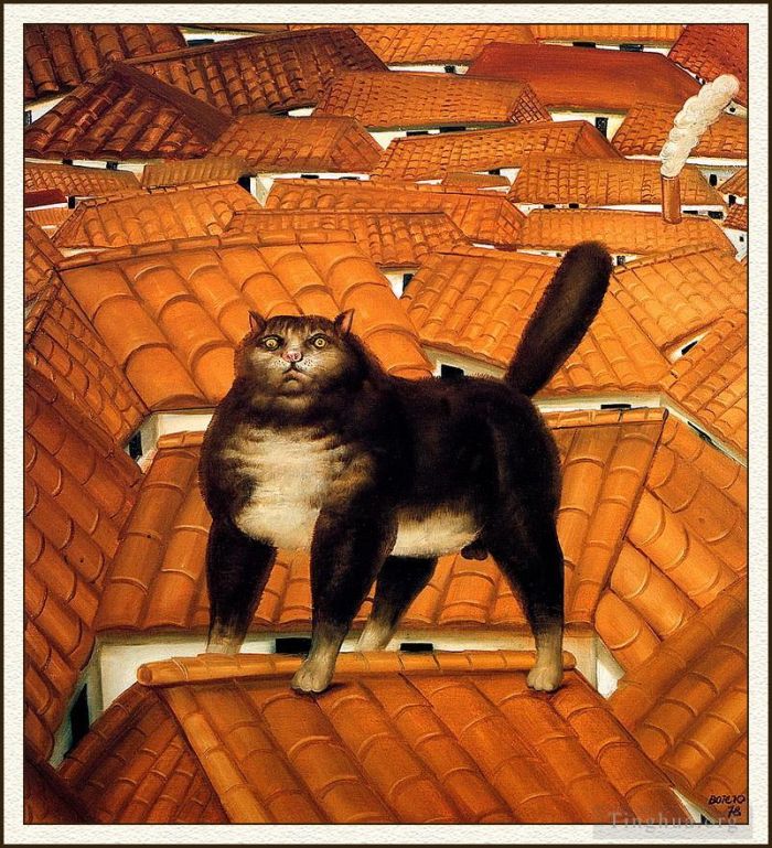 Fernando Botero Angulo Peinture à l'huile - Chat sur un toit