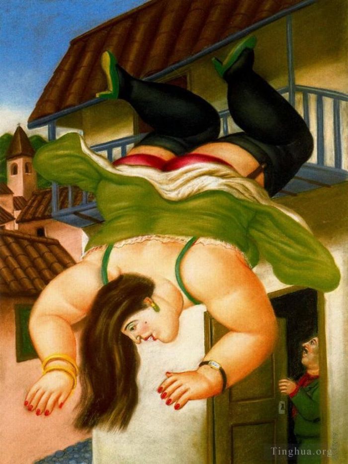 Fernando Botero Angulo Peinture à l'huile - Femme cayendo d'un balcon