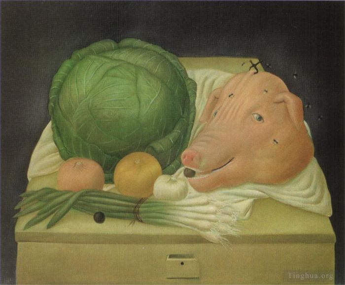 Fernando Botero Angulo Peinture à l'huile - Nature morte à la tête de porc