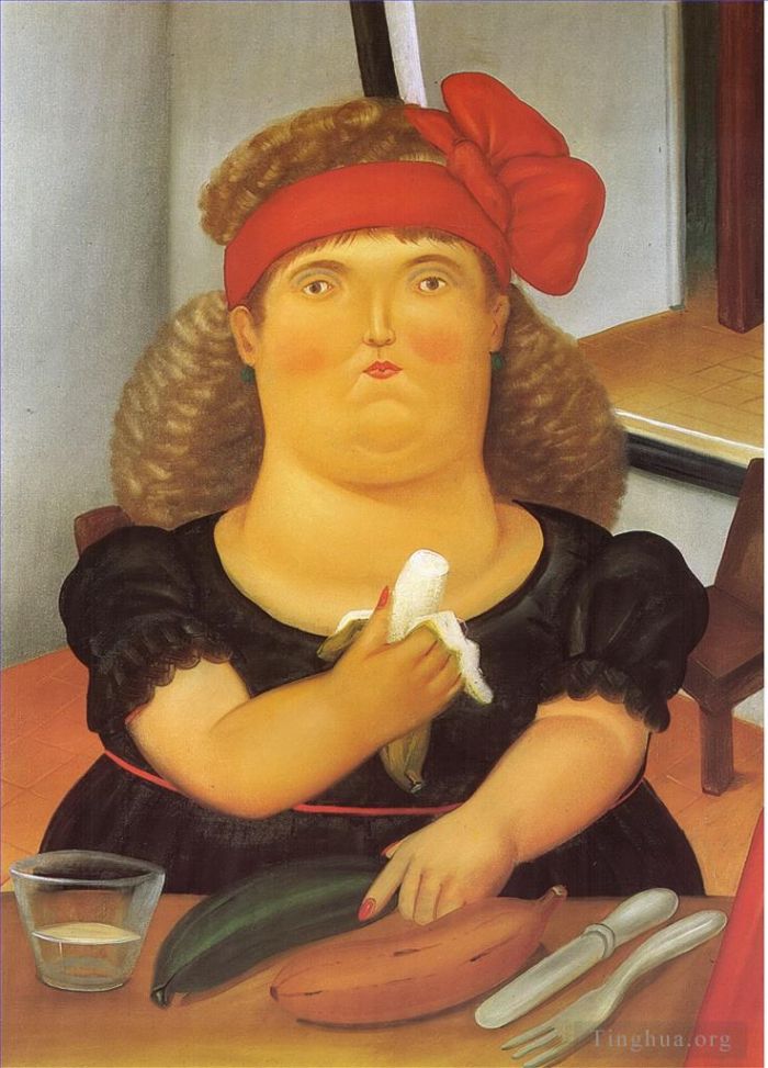 Fernando Botero Angulo Peinture à l'huile - Femme mangeant une banane