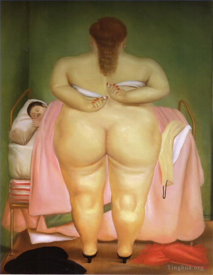 Fernando Botero Angulo Peinture à l'huile - Femme agrafant son soutien-gorge
