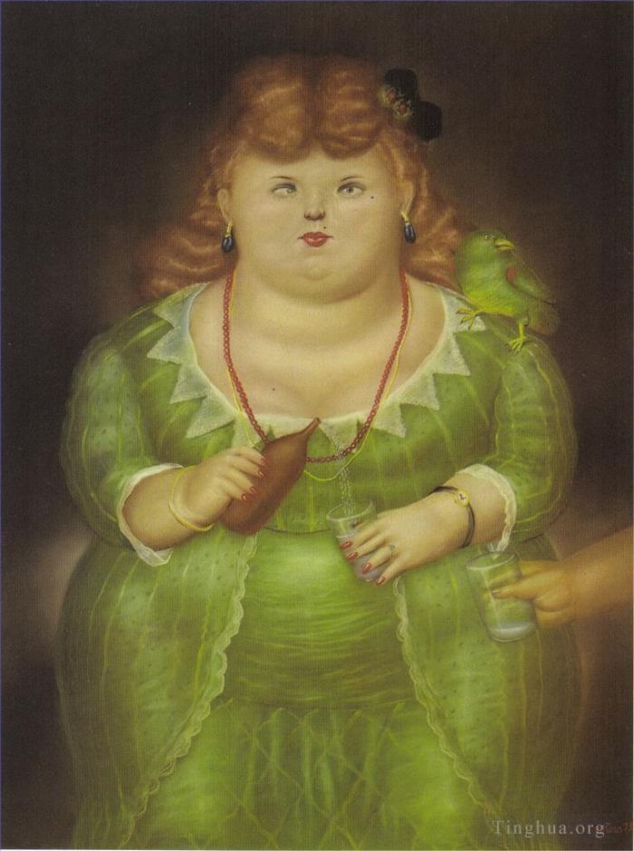 Fernando Botero Angulo Peinture à l'huile - Femme avec un perroquet