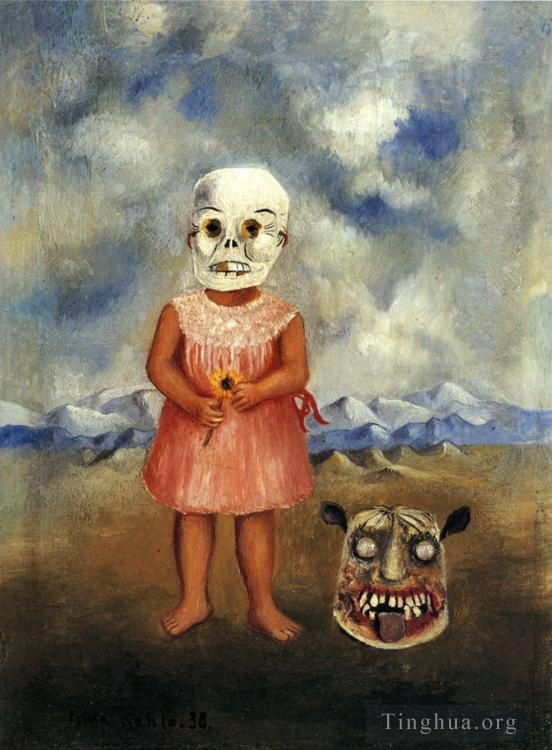 Frida Kahlo de Rivera Peinture à l'huile - Fille avec un masque mortuaire, elle joue seule