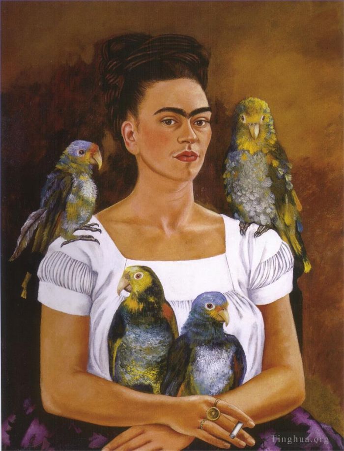 Frida Kahlo de Rivera Peinture à l'huile - Moi et mes perroquets