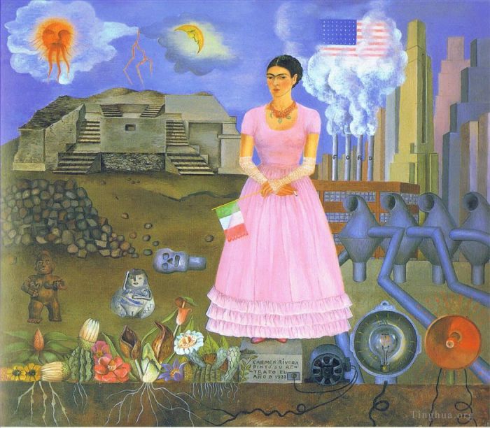 Frida Kahlo de Rivera Peinture à l'huile - Autoportrait à la frontière entre le Mexique et les États-Unis