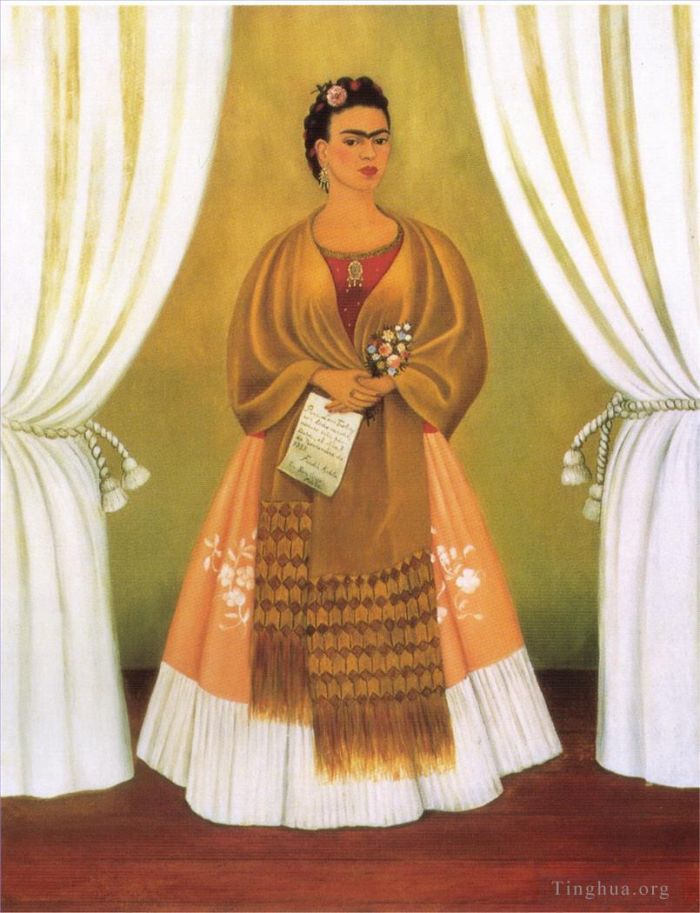Frida Kahlo de Rivera Peinture à l'huile - Autoportrait dédié à TomLéon Trotsky entre les rideaux