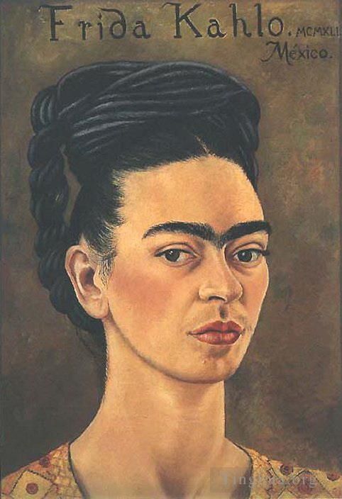Frida Kahlo de Rivera Peinture à l'huile - Autoportrait en robe rouge et or