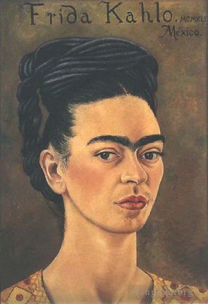 Frida Kahlo de Rivera œuvre - Autoportrait en robe rouge et or