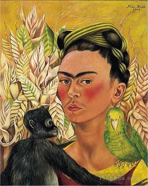 Frida Kahlo de Rivera Peinture à l'huile - Autoportrait avec singe et perroquet