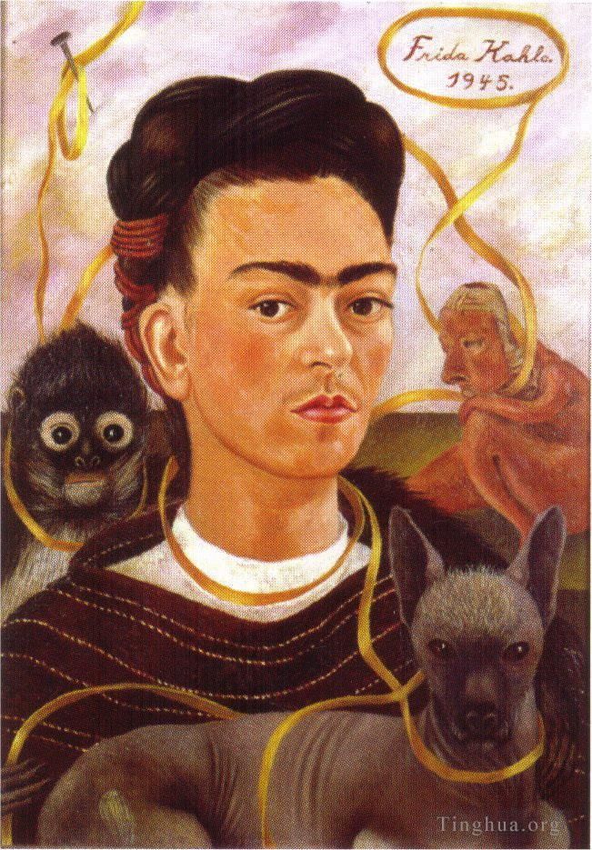 Frida Kahlo de Rivera Peinture à l'huile - Autoportrait avec petit singe