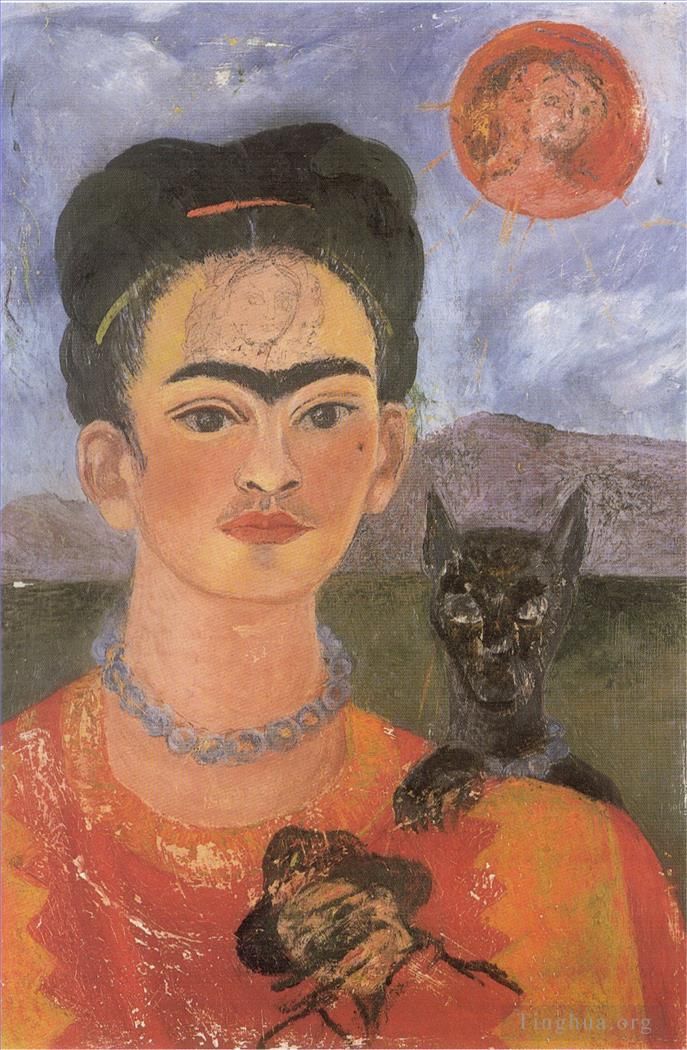 Frida Kahlo de Rivera Peinture à l'huile - Autoportrait avec un portrait de Diego sur la poitrine et de Maria entre les sourcils