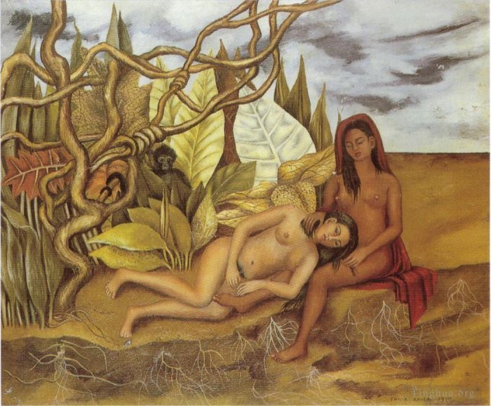 Frida Kahlo de Rivera Peinture à l'huile - Deux nus dans la forêt La Terre elle-même